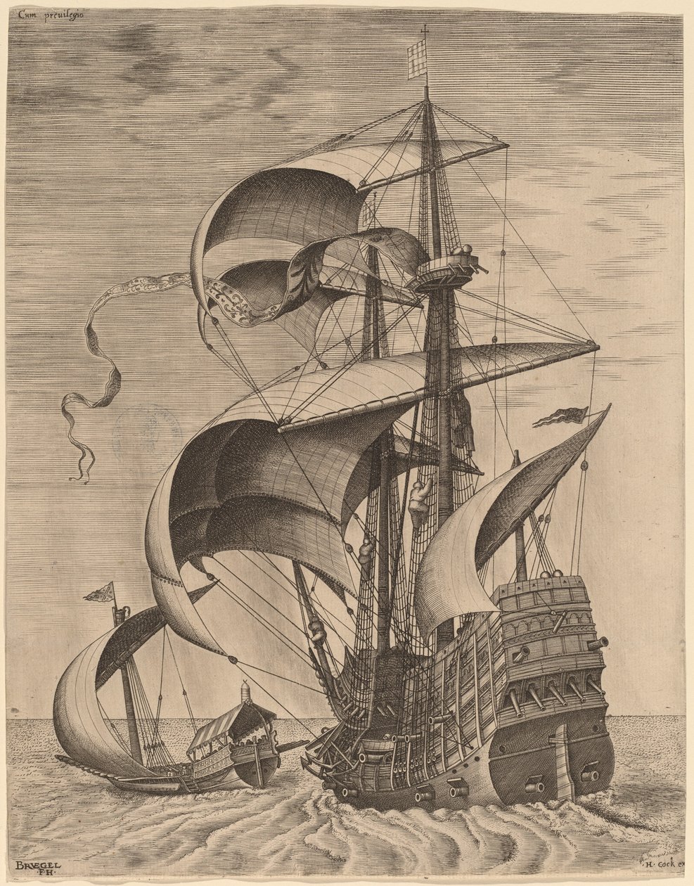 Uzbrojony trójmistrz na otwartym morzu, w towarzystwie galery autorstwa Frans Huys after Pieter Bruegel the Elder