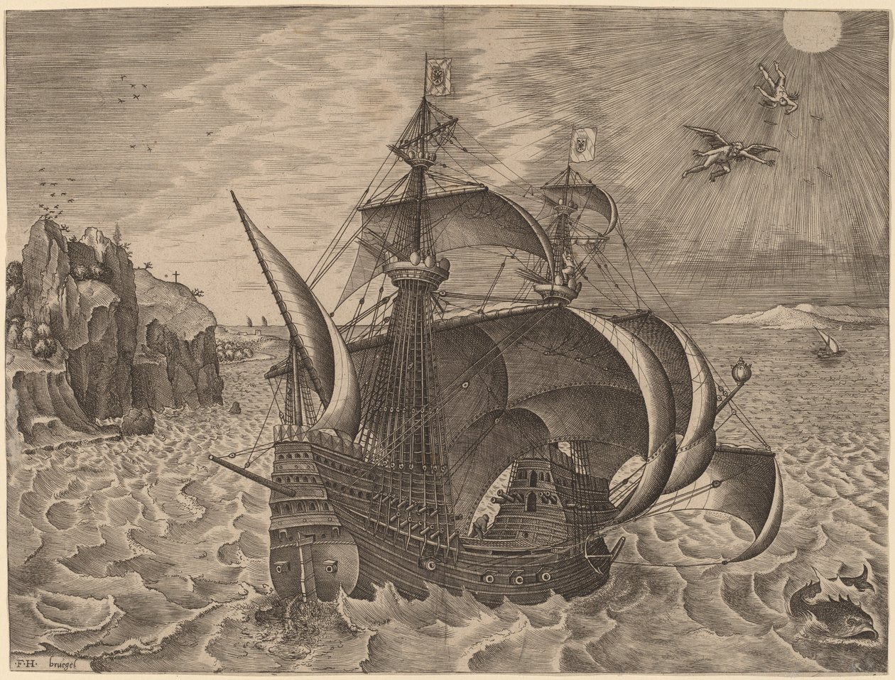 Uzbrojony trójmistrz z Dedalem i Ikarem na niebie autorstwa Frans Huys after Pieter Bruegel the Elder