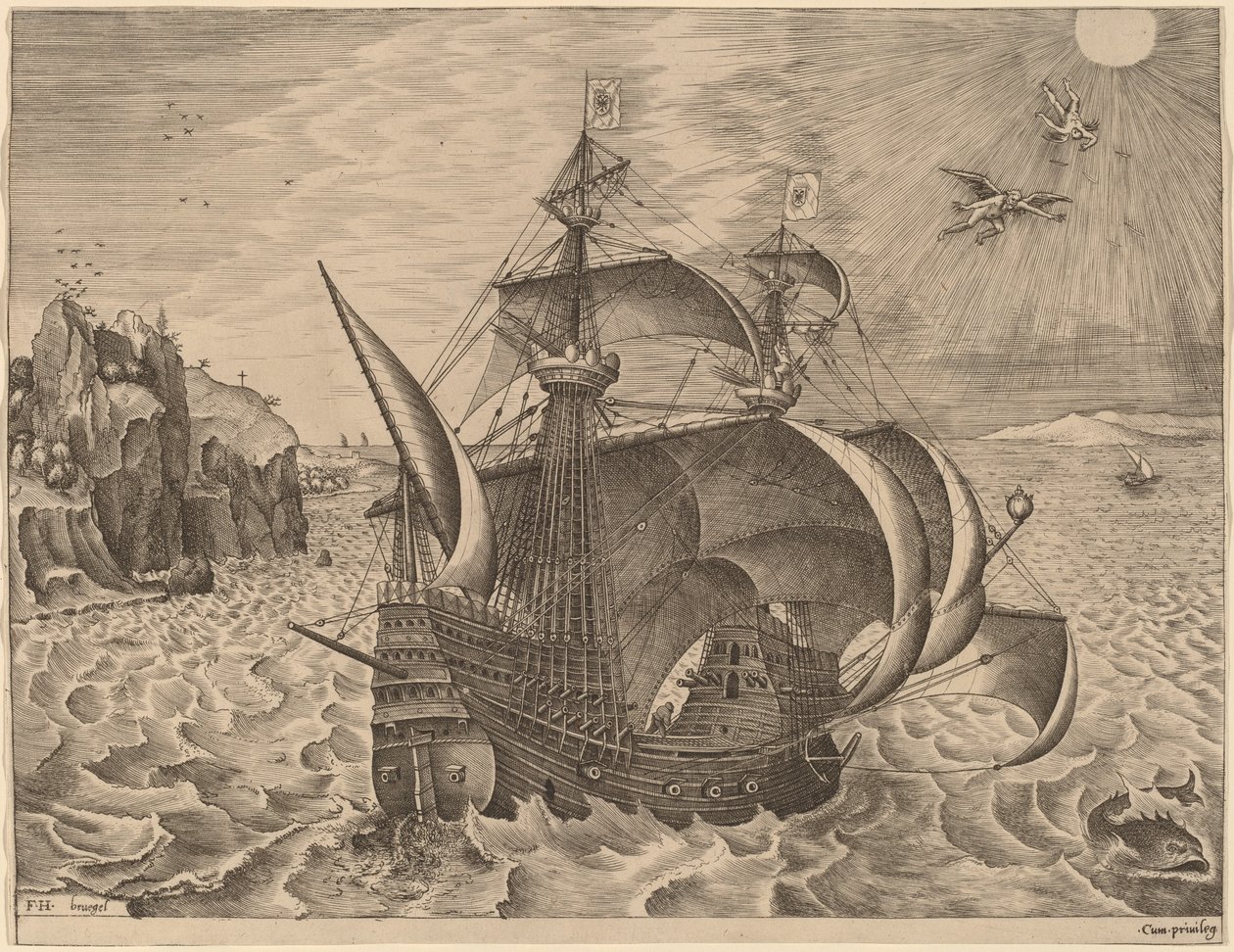 Uzbrojony trójmistrz z Dedalem i Ikarem na niebie autorstwa Frans Huys after Pieter Bruegel the Elder