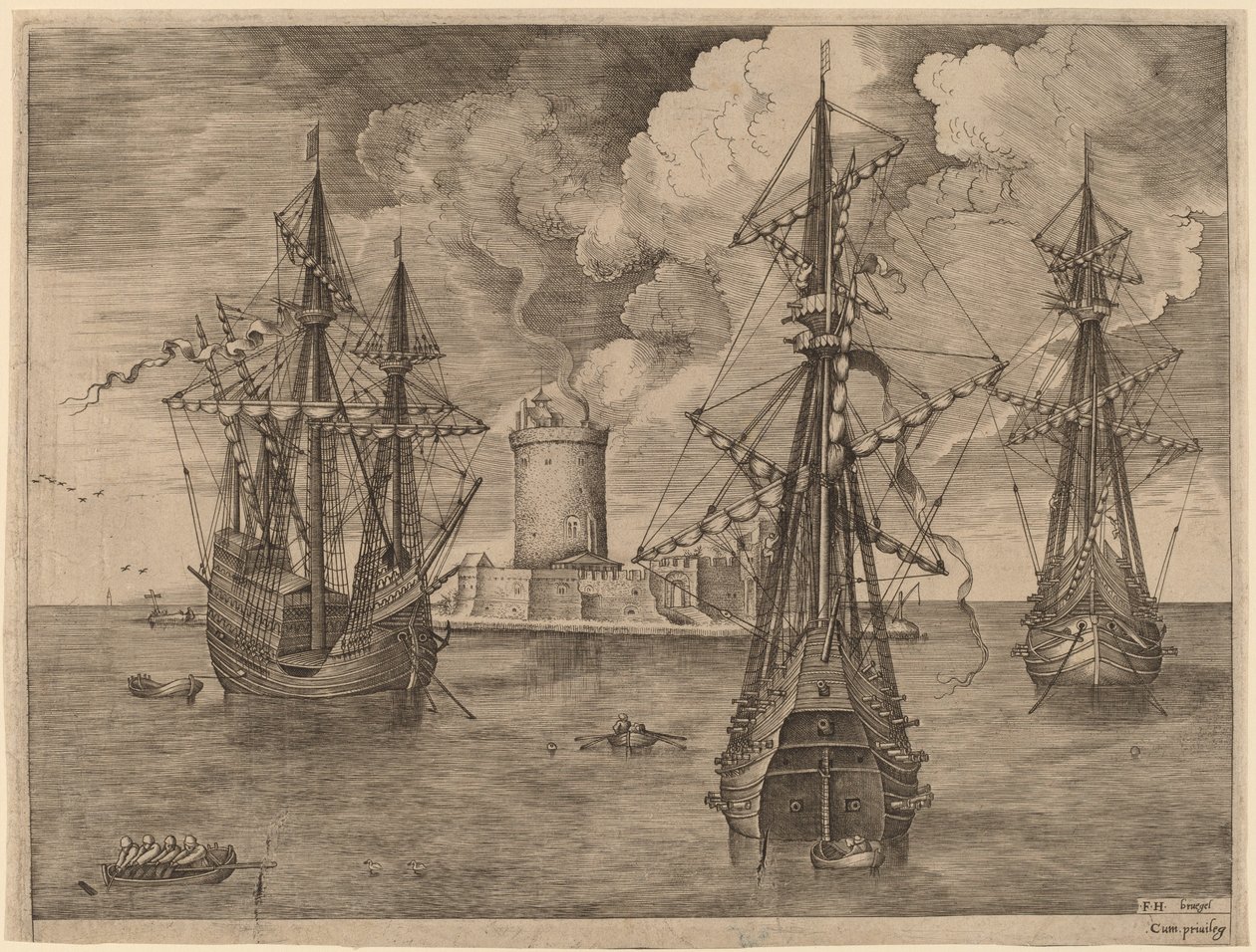 Czterech panów (po lewej) i dwóch trzech panów zakotwiczonych w pobliżu ufortyfikowanej wyspy z latarnią morską autorstwa Frans Huys after Pieter Bruegel the Elder