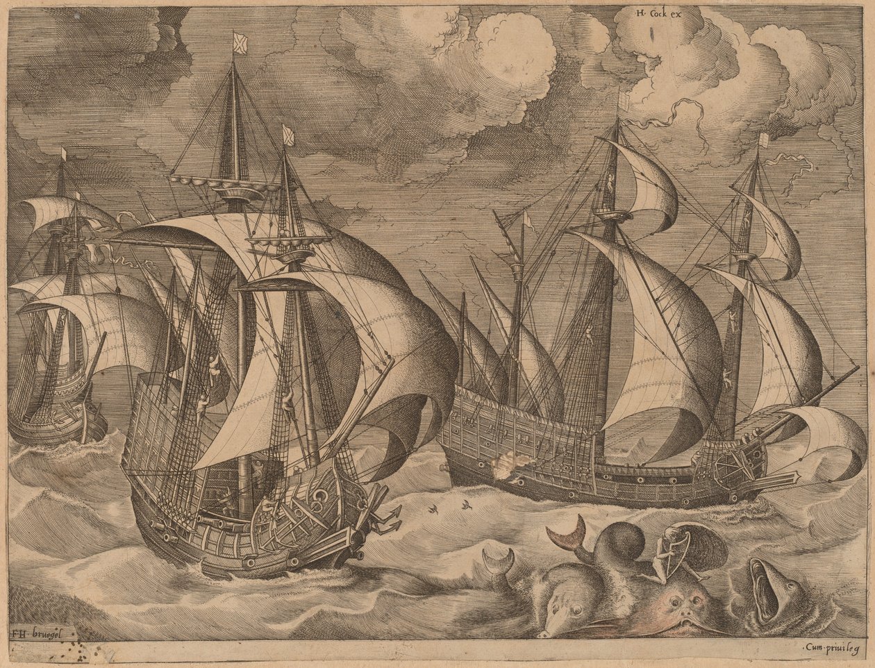 Trzy karawele podczas narastającego szkwału z Adrionem na delfinie autorstwa Frans Huys after Pieter Bruegel the Elder