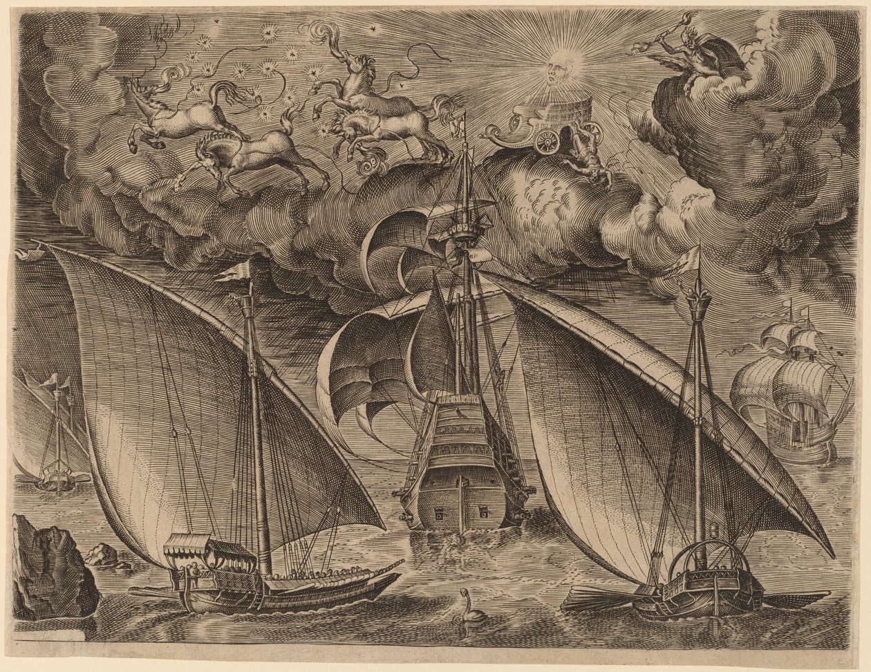 Dwie galery za uzbrojonym trójmistrzem z Phaethonem i Jowiszem na niebie autorstwa Frans Huys after Pieter Bruegel the Elder