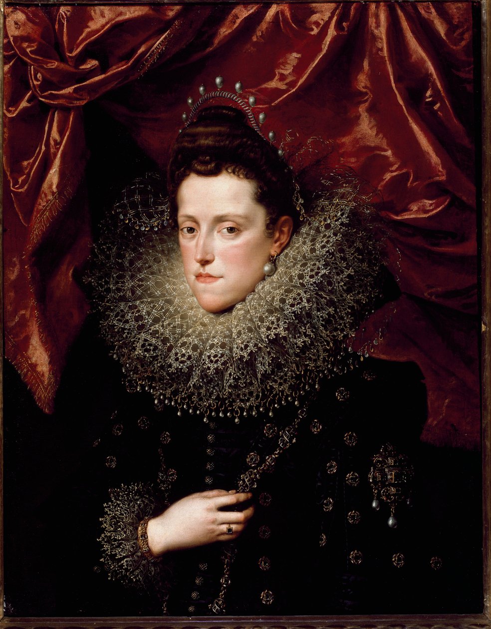 Portret Eleonory Medycejskiej (Eleonora de Medici) (1566-1611) Księżniczka Toskanii Ma truskawkowy kołnierzyk. Obraz Fransa Pourbusa Le Jeune (Francois (Franz) Porbus autorstwa Frans II Pourbus