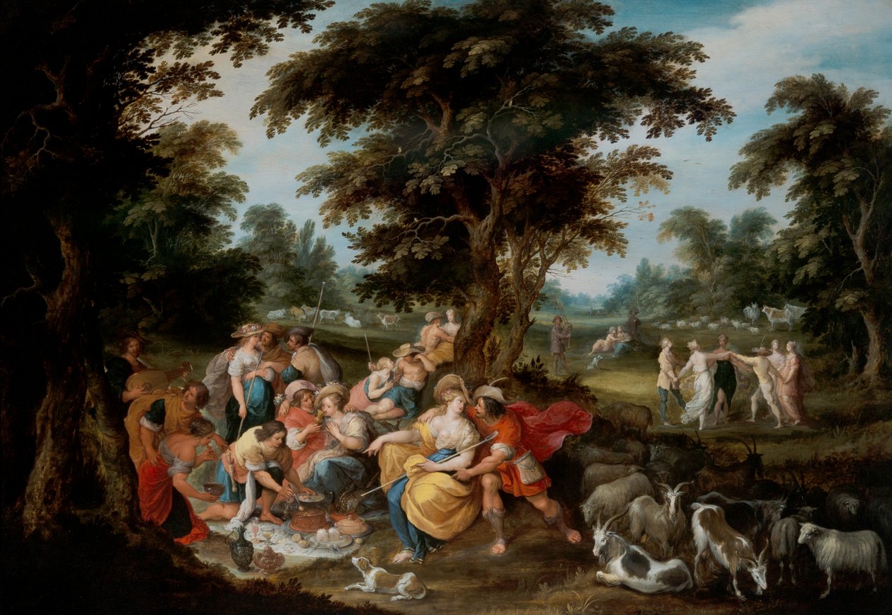 Arkadia: krajobraz pasterski z pasterzami i piknikami pasterzy autorstwa Frans II the Younger Francken
