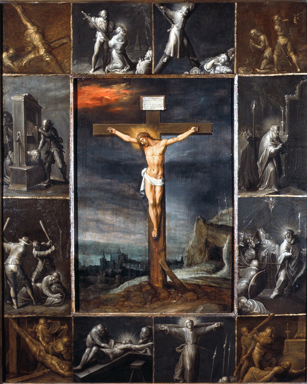 Ukrzyżowany Chrystus w scenach męczeństwa apostołów autorstwa Frans II the Younger Francken