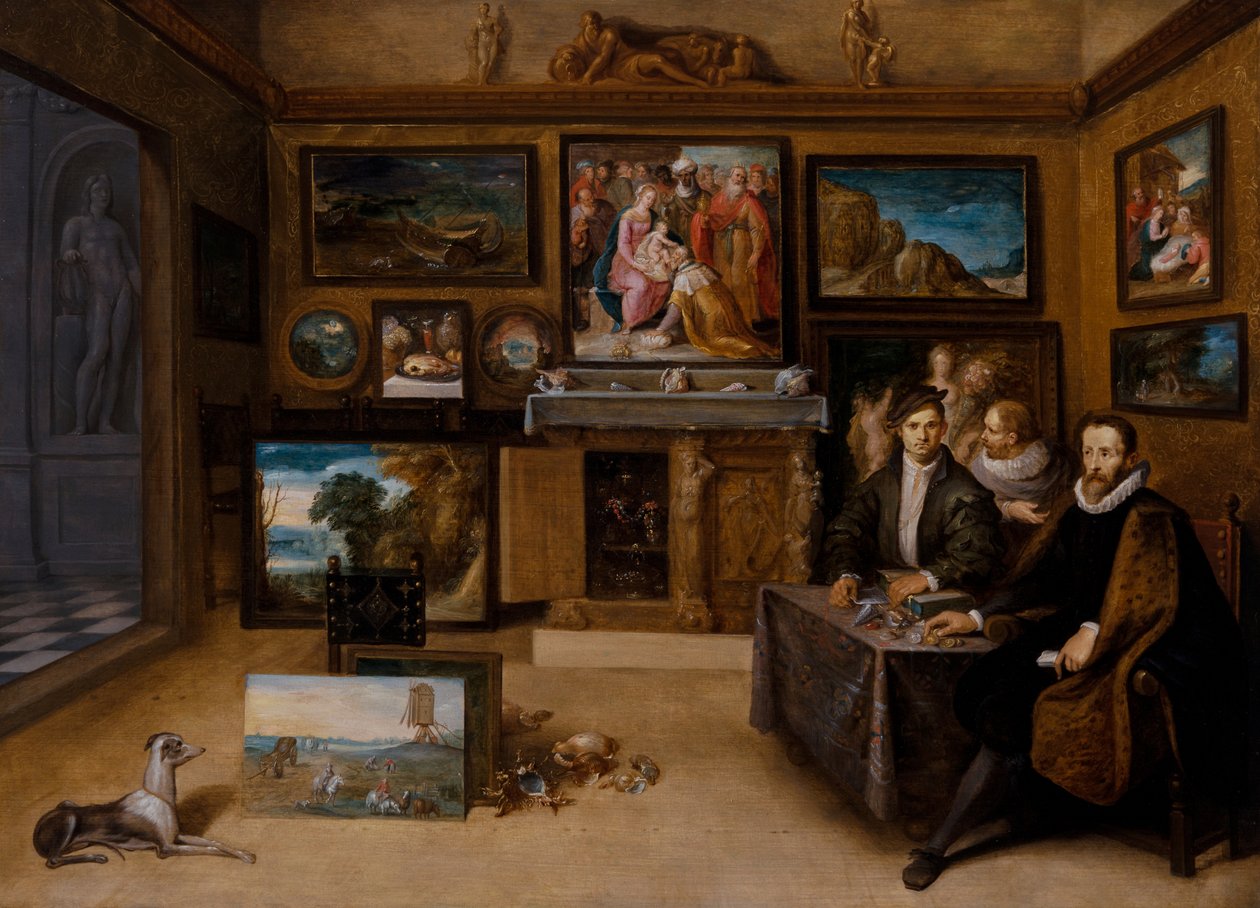 Wnętrze gabinetu kolekcjonera z Justusem Lipsiusem i dwoma Conslefhebberami autorstwa Frans II the Younger Francken