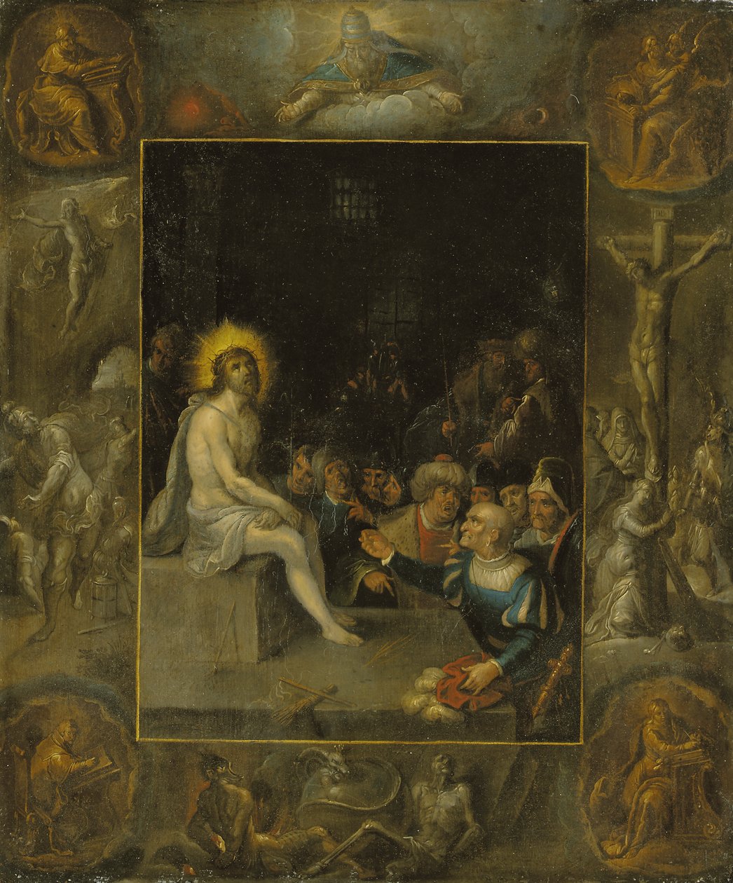 Wyśmiewanie Chrystusa, w oprawie grisaille, przedstawiające Boga Ojca, Ewangelistów, Ukrzyżowanie, Zmartwychwstanie oraz Diabła i Śmierć z wężem w koronie autorstwa Frans II the Younger Francken