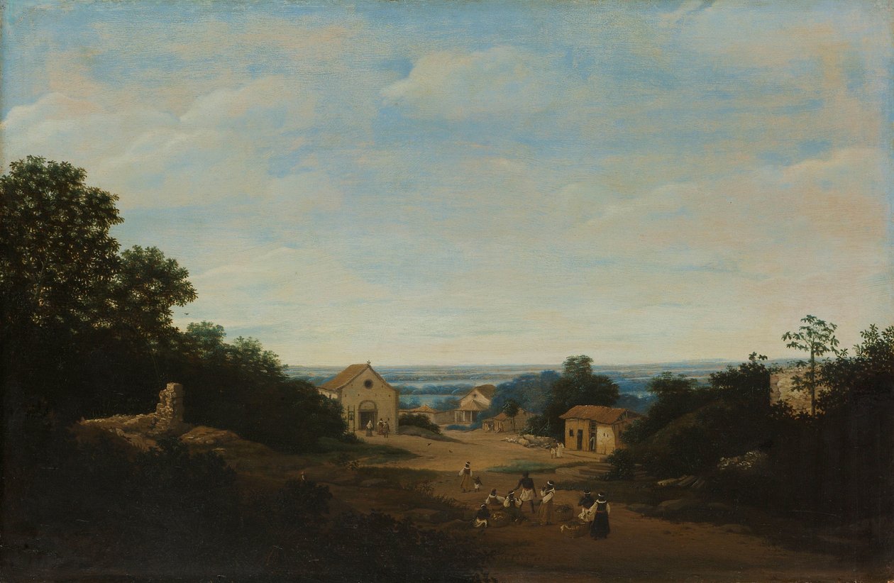 Brazylijski krajobraz z wioską Igaraçú. Po lewej kościół św. Kosmy i Damiana autorstwa Frans Post