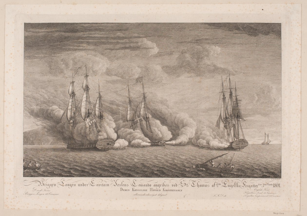 Bryg Lougen zostaje zaatakowany w St. Tomasz, 3 marca 1801 r. autorstwa Frans Martin Dodt