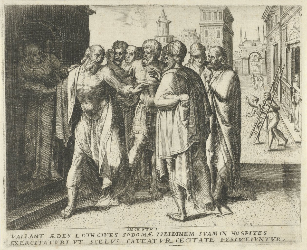 Lot napomina tłum, aby się uspokoił Incestus (tytuł na obiekcie) Historia przeznaczenia (tytuł serii) autorstwa Frans Menton