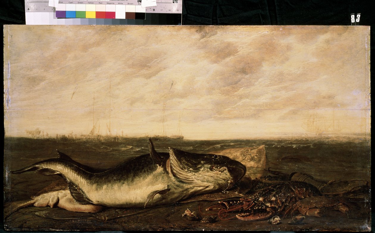Ryby i homary na plaży (Ryby i homary na brzegu morza). Obraz Fransa Ryckhalsa (po 1600-1647). Olej na płótnie, 47 x 83,5 cm autorstwa Frans Ryckhals
