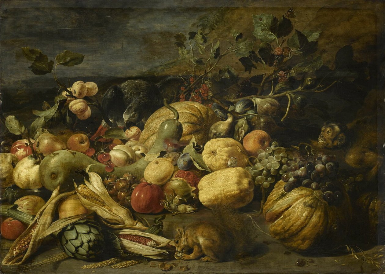 Owoce i warzywa z małpką, papugą i wiewiórką autorstwa Frans Snyders