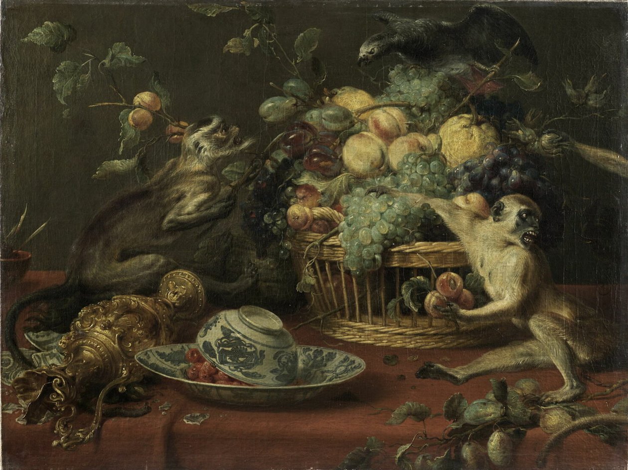 Małpy i papuga w pobliżu kosza z owocami autorstwa Frans Snyders