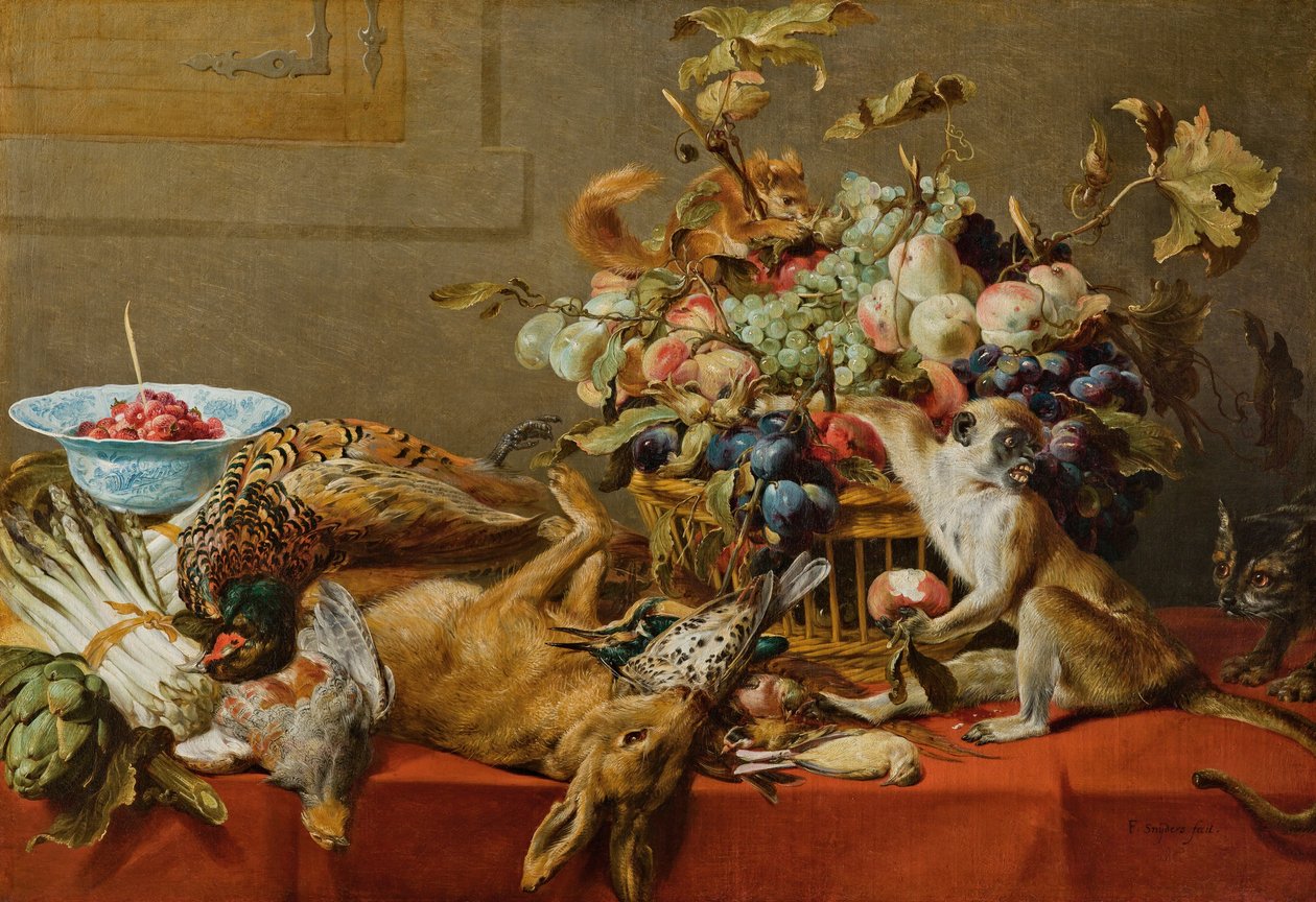 Martwa natura z owocami, martwą zwierzyną, warzywami, żywą małpą, wiewiórką i kotem autorstwa Frans Snyders