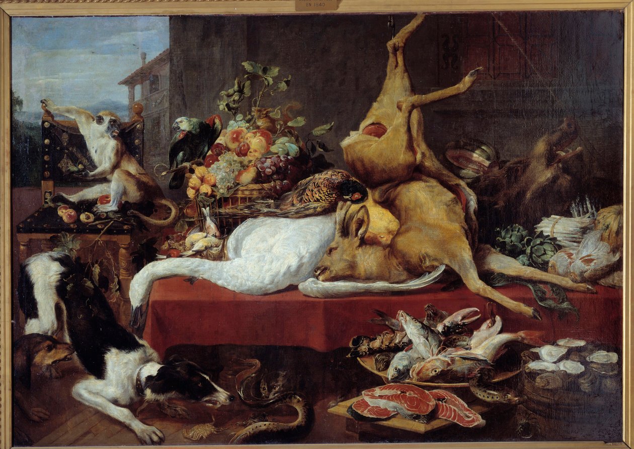 Martwa natura z jeleniem Dziczyzna (bażant, gęś, jeleń), kawałek ryby, krab, rośliny strączkowe. obraz Fransa Snydersa (1579-1657) autorstwa Frans Snyders
