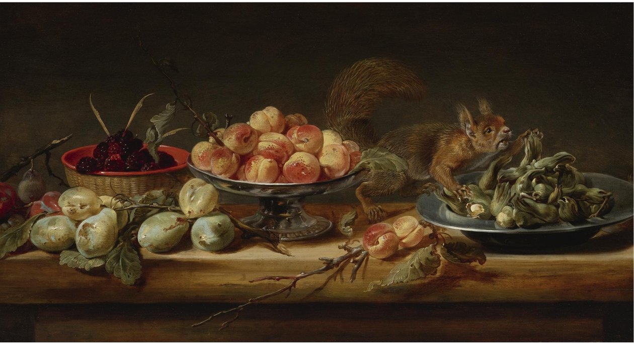 Martwa natura z brzoskwiniami w Tazzie, orzechami laskowymi na cynowym talerzu, malinami w koszyku, gruszkami i wiewiórką na stole
olej na płycie autorstwa Frans Snyders
