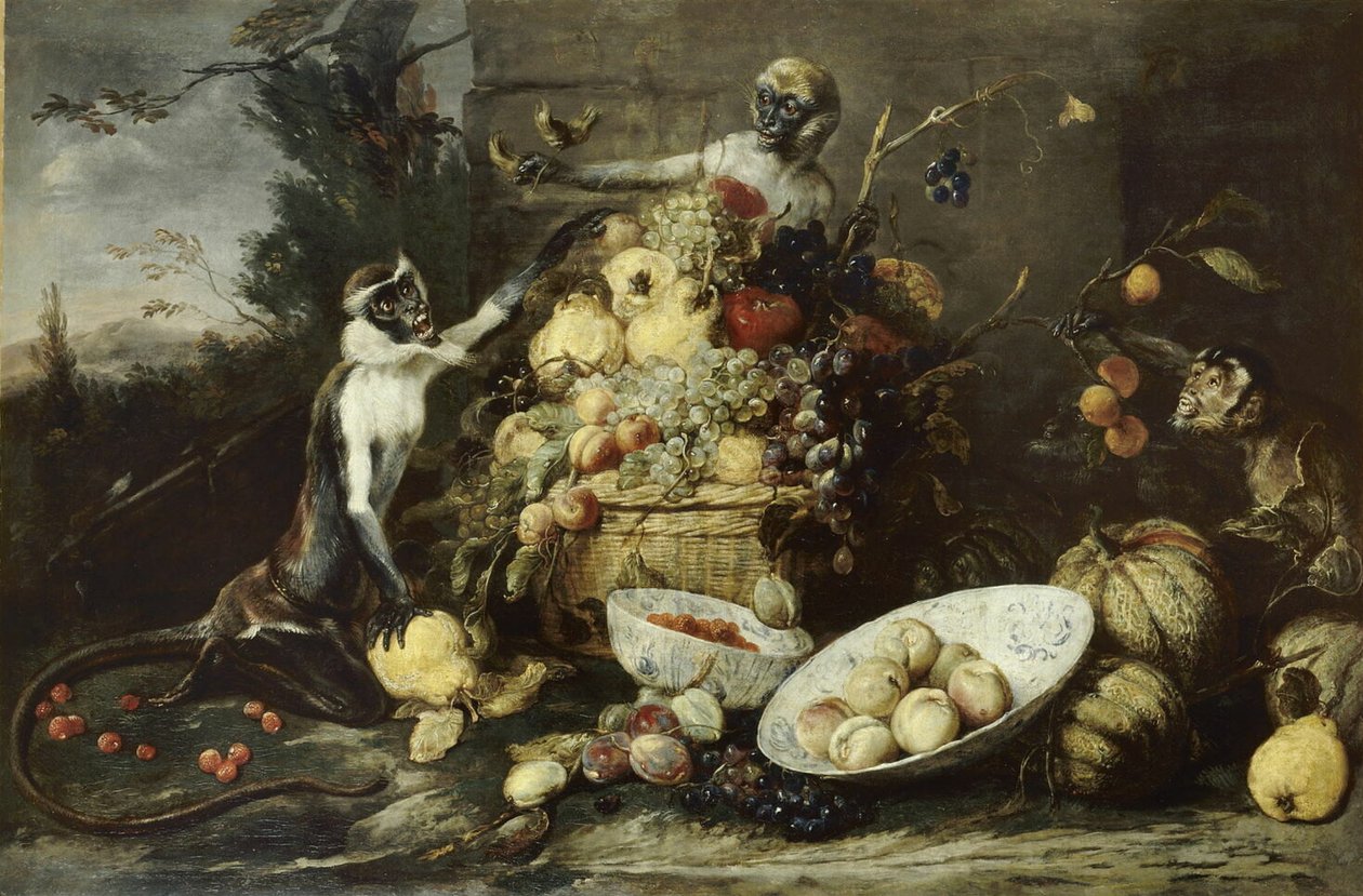 Trzy małpy kradnące owoce, z widokiem na krajobraz autorstwa Frans Snyders