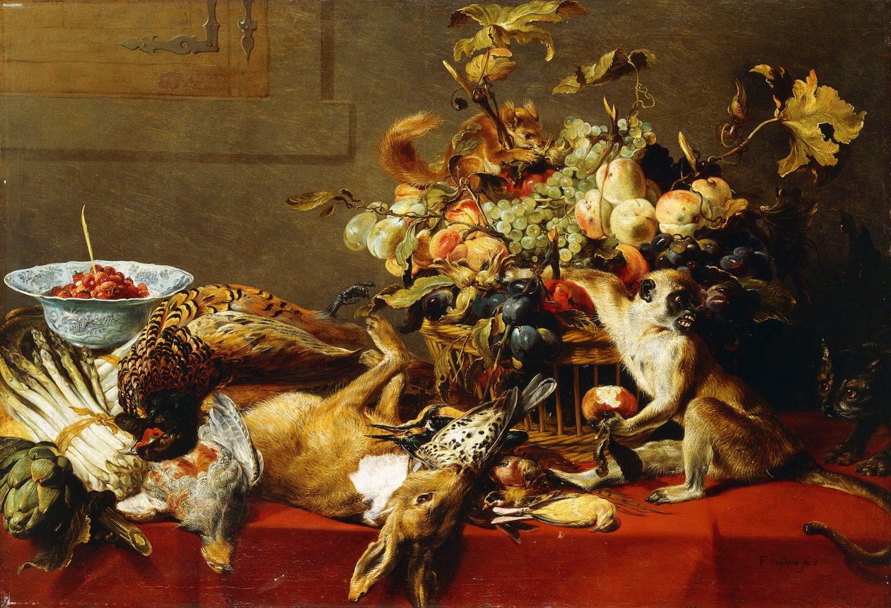 Kosz owoców na udrapowanym stole z martwą zwierzyną i małpą, autorstwa Frans Snyders or Snijders