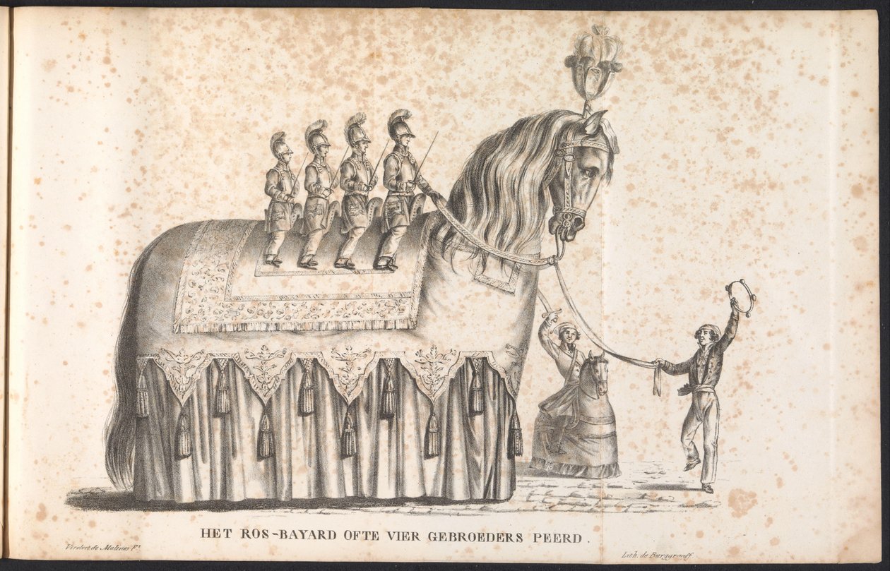 Ros Beiaard jako pływak w procesji na Saint Rombout, 1825 Ros-Bayard czyli Czterej Bracia Peerd (tytuł na obiekcie) autorstwa Frans Vervloet