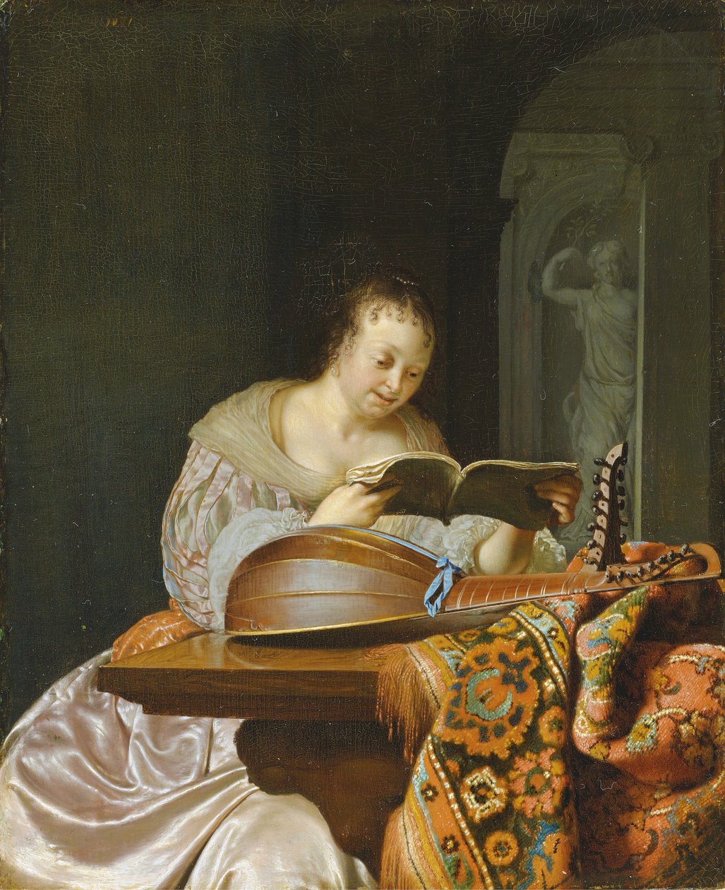 Wnętrze z kobietą czytającą nuty przy częściowo udrapowanym stole z dwugłową lutnią, 1671 autorstwa Frans van Mieris