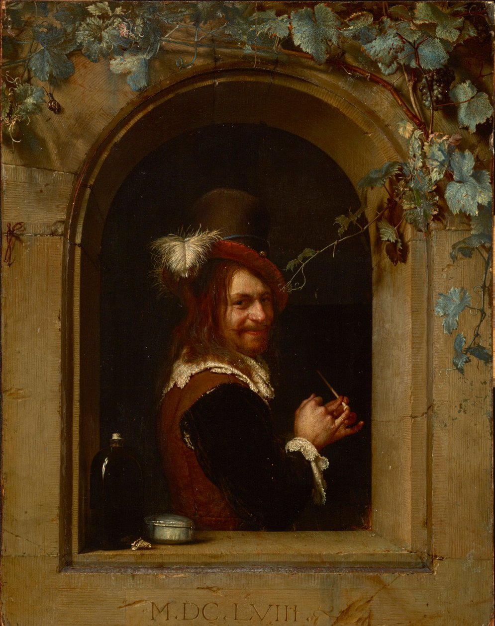 Człowiek z fajką w oknie - Człowiek z fajką w oknie, autorstwa Mieris, Frans van Mieris de Oudere lub Starszy (1635-1681). Olej na drewnie, ok. 1658. Rozmiar: 20x15,5 cm. Muzeum Narodowe Brukenthal, Sybin autorstwa Frans van Mieris