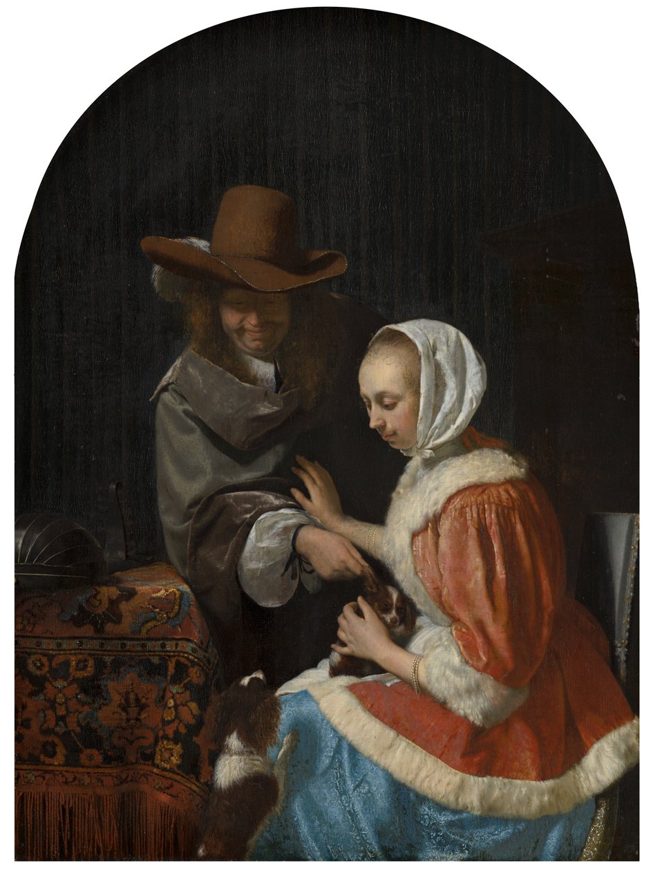 Mężczyzna i kobieta z dwoma psami, znani jako „Dokuczanie zwierzakowi”, 1660 autorstwa Frans van Mieris
