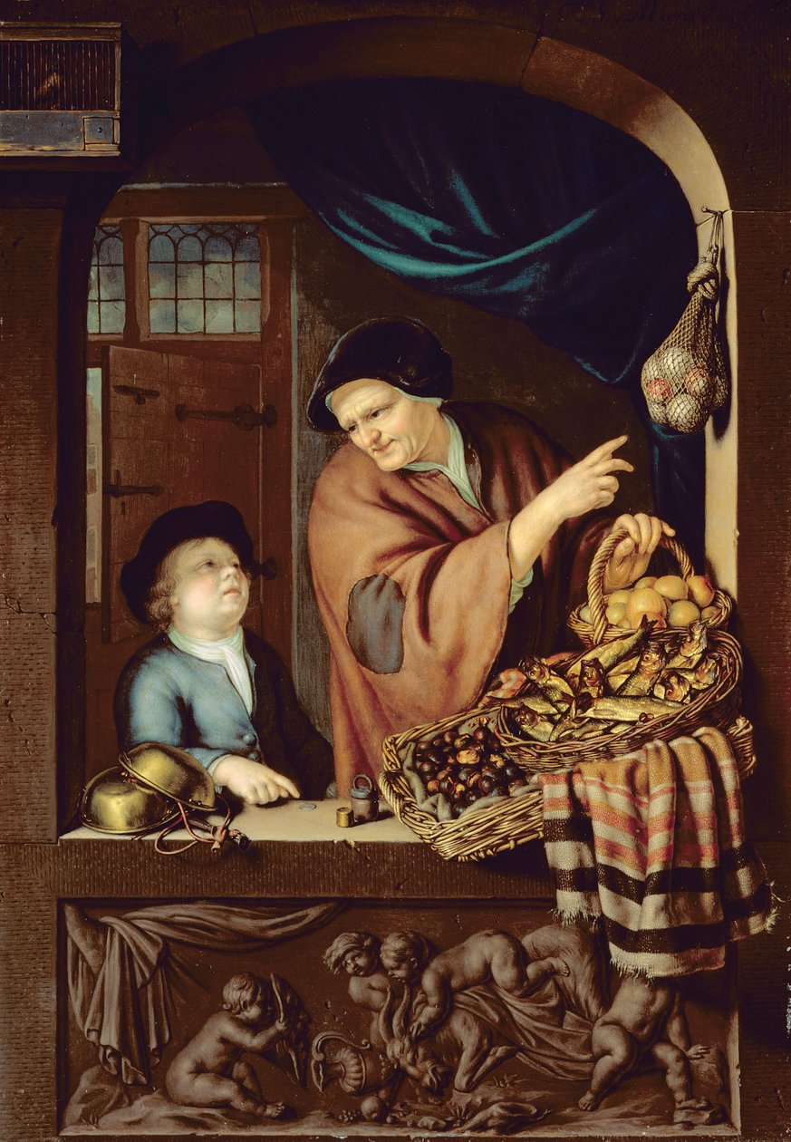 Sprzedawca kasztanów i kipperów, 1722 (olej na dębie) autorstwa Frans van Mieris