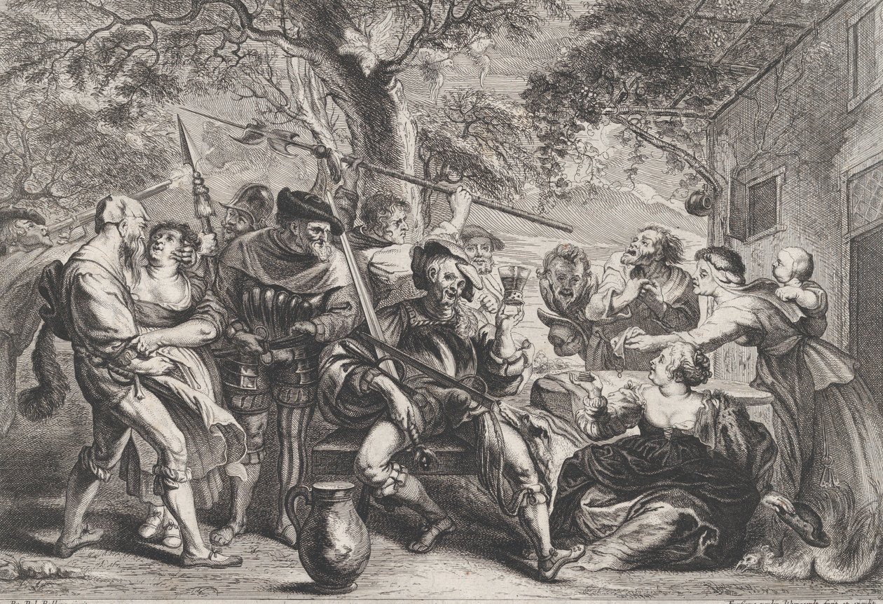 Don Kichot i oddziały La Santa Hermandad przed tawerną, ca. 1635-79. autorstwa Frans van den Wyngaerde