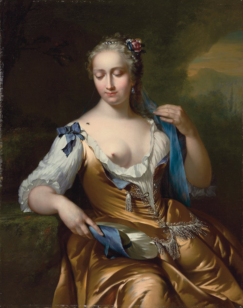Dama w krajobrazie z muchą na ramieniu: alegoria dotyku, 1742 autorstwa Frans van der Mijn