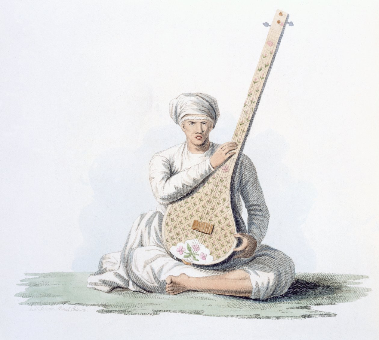 Tumboora, instrument muzyczny grany przez wyższe kasty, z „Kostium Indii” E. Orme, 1804 (kolorowa akwaforta) autorstwa Franz Balthazar Solvyns