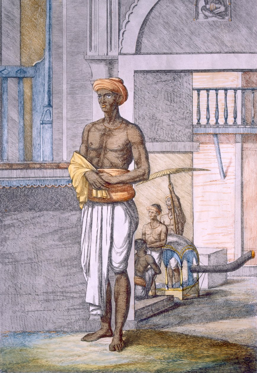 Bengalski służący jako tragarz z palankinową taksówką w tle, z „Hindusi, czyli opis ich maniery, kostiumów i ceremonii”, ok. 1808-12 (kolorowa akwaforta) autorstwa Franz Balthazar Solvyns