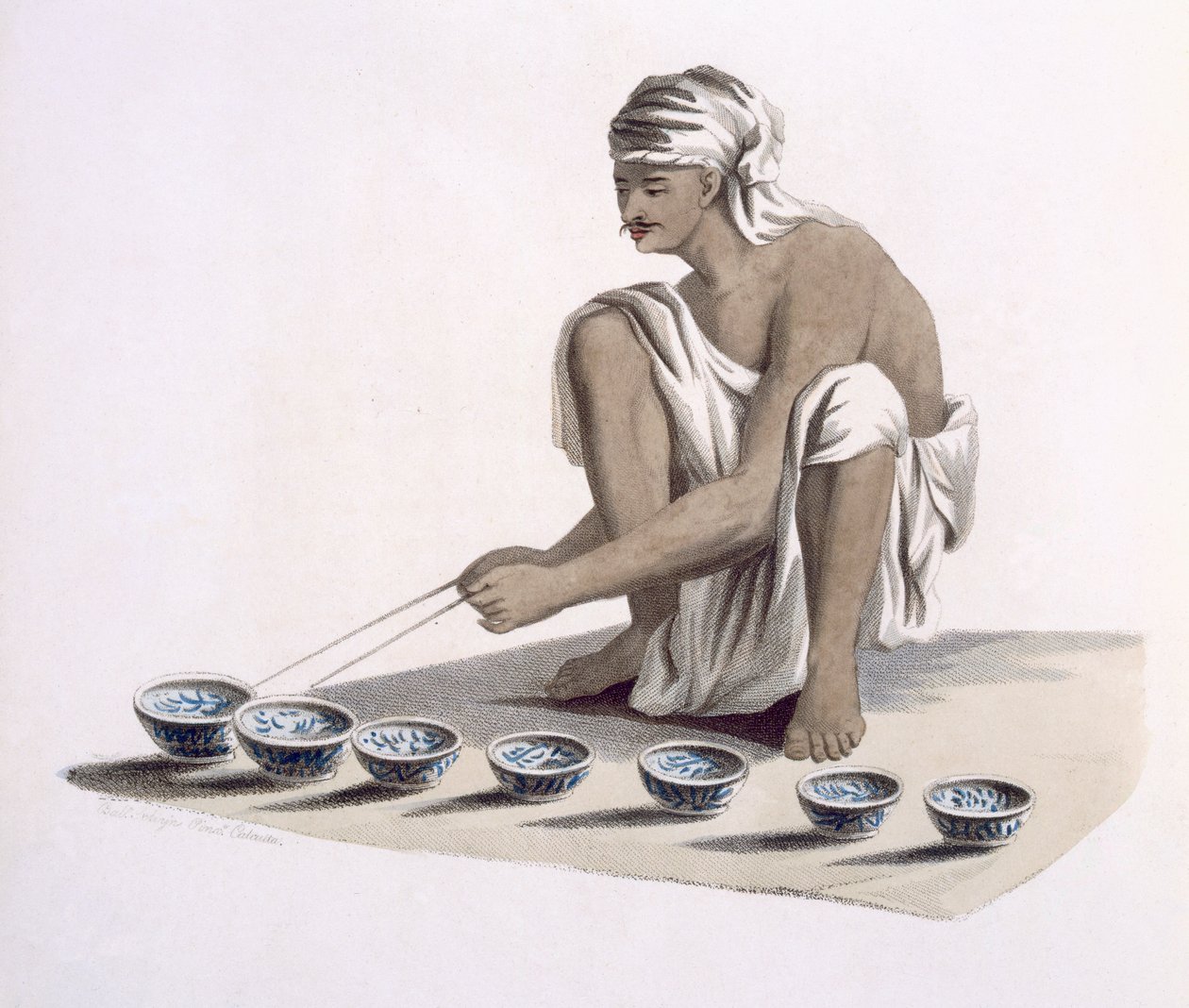 Jultrung: gra na porcelanowych kubkach o różnej wielkości, aby wydobyć dźwięk podobny do harmonijki, z „Costumes of India” E. Orme, 1804 (kolorowa akwaforta) autorstwa Franz Balthazar Solvyns