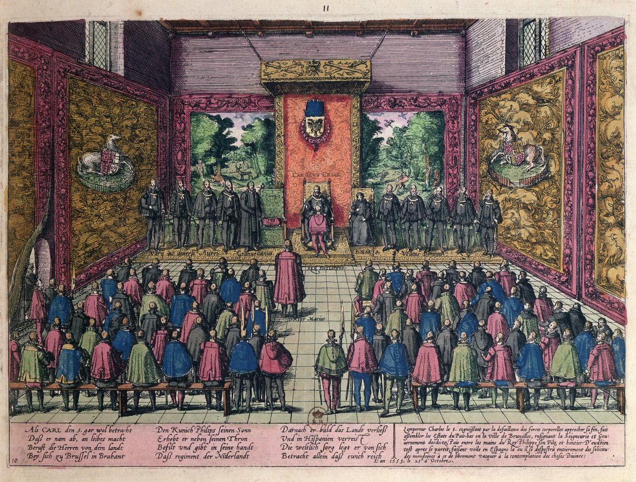 Cesarz Karol V (1500-58) ogłasza zrzeczenie się władzy nad Niderlandami swojemu synowi i spadkobiercy Filipowi II (1527-98) na dworze w Brukseli 25 października 1555 (kolor eng autorstwa Franz Hogenberg