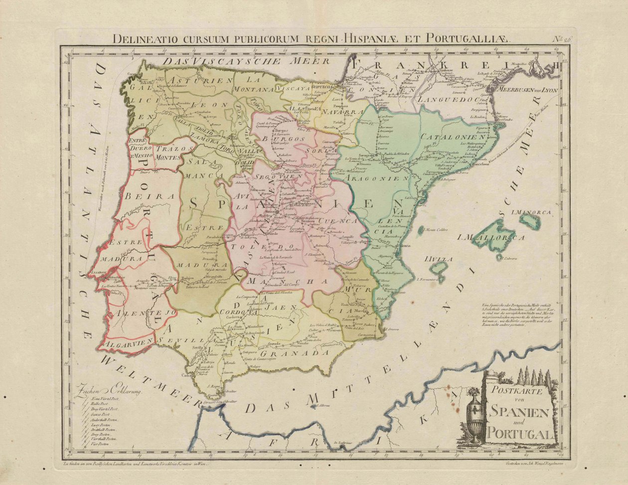 Postkarte von Spanien und Portugal. Wyznaczenie Kursów Publicznych Królestwa Hiszpanii i Portugalii [ok. 1 autorstwa Franz Johann Joseph von Reilly