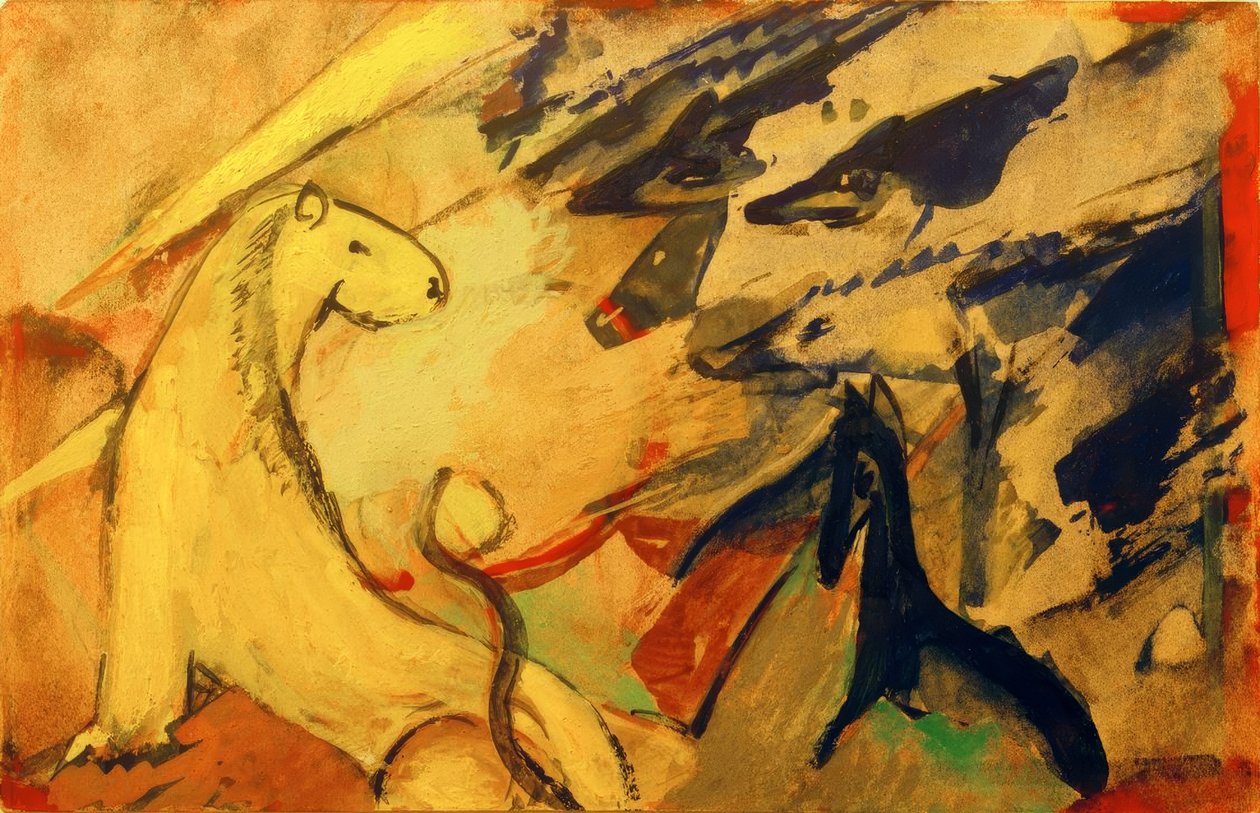 Żółty lew, niebieski lis, niebieski koń autorstwa Franz Marc