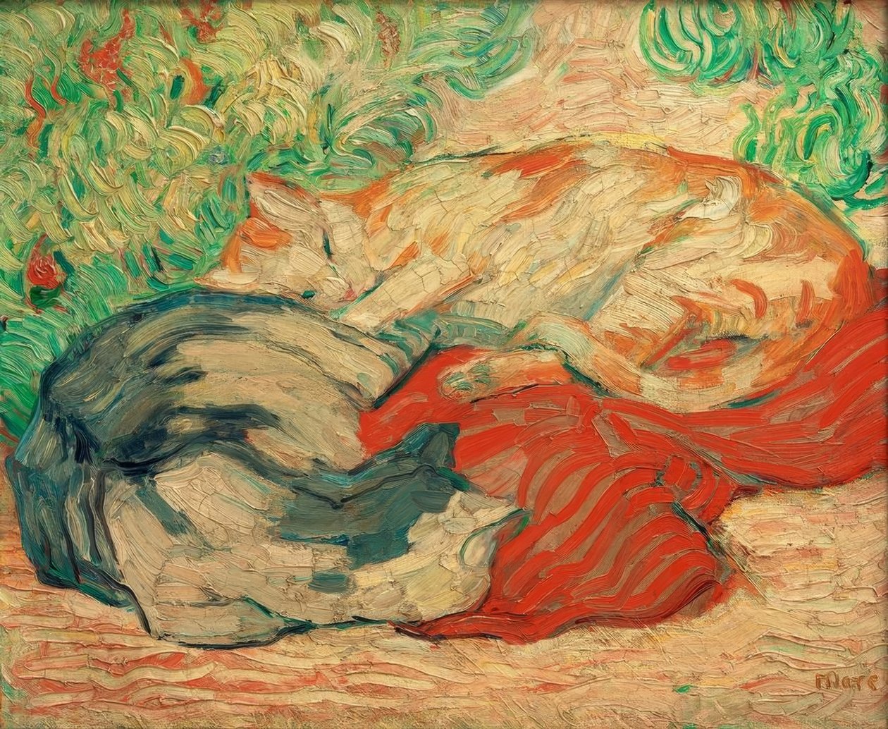 Koty na czerwonym suknie autorstwa Franz Marc