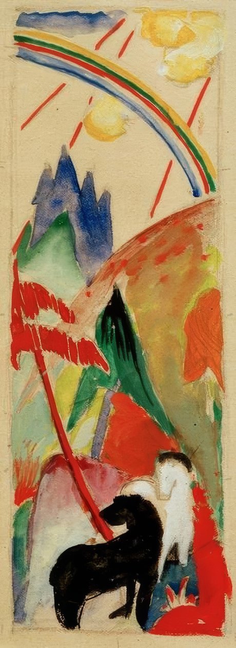 Czarno-biały koń w górskim krajobrazie z deszczem autorstwa Franz Marc