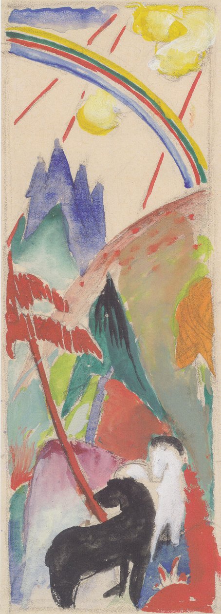 Czarno-biały koń w górskim krajobrazie z tęczą autorstwa Franz Marc