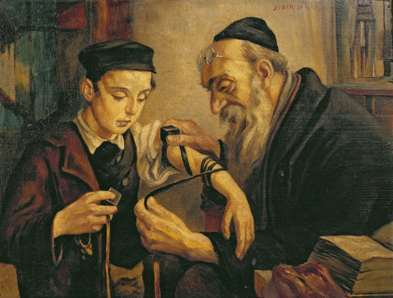 Rabin przywiązujący filakterie do ramienia chłopca autorstwa Franz Obermüller