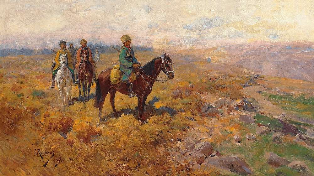 Uzbrojeni jeźdźcy kaukascy na patrolach autorstwa Franz Roubaud