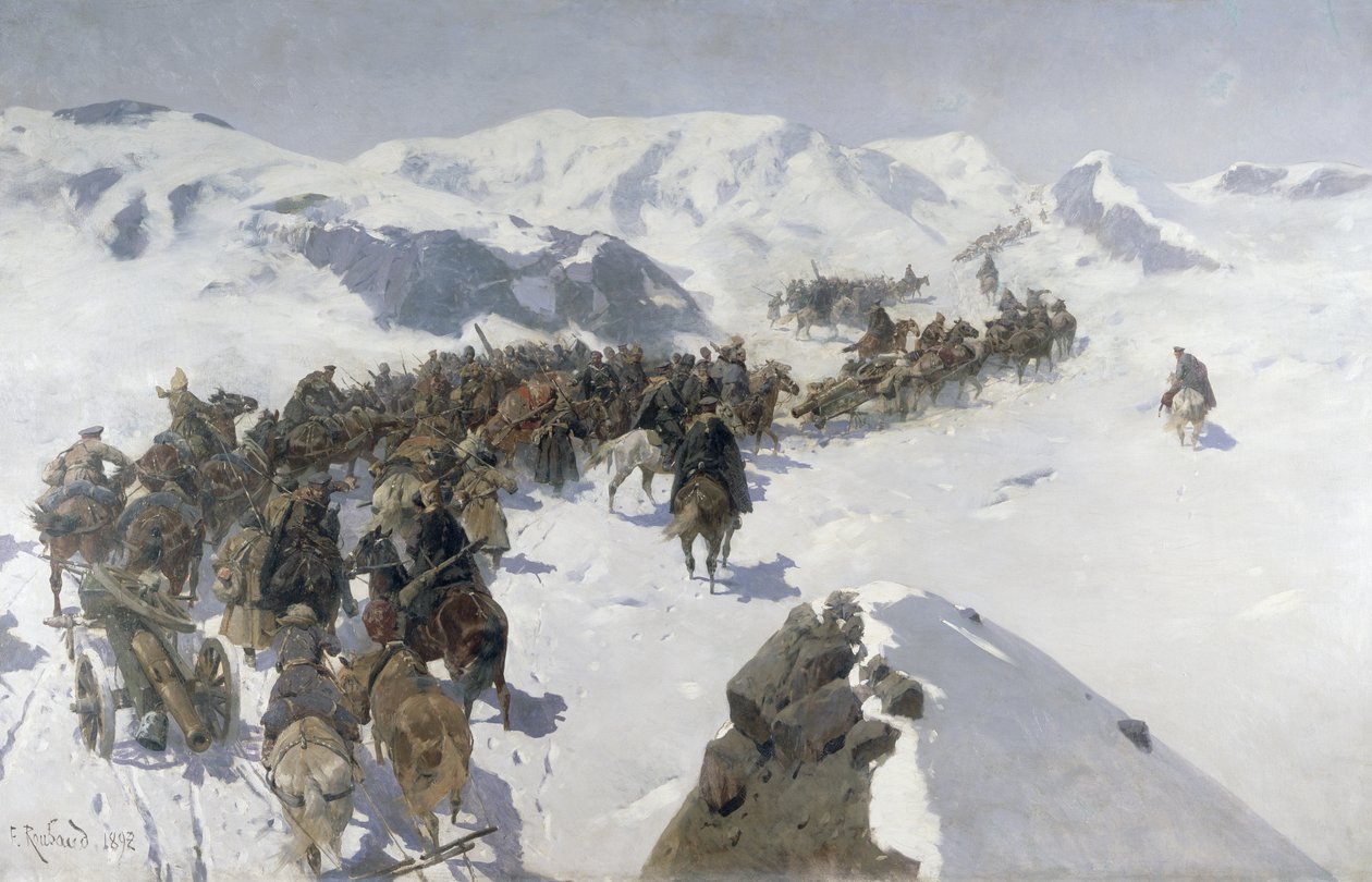 Hrabia Argutinsky przekraczający Pasmo Kaukaskie, 1892 autorstwa Franz Roubaud