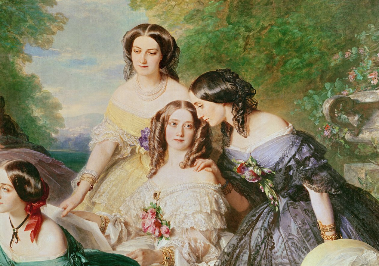 Cesarzowa Eugenia 1826-1920 i jej Damy Oczekiwania, fragment baronny de Malaret, z domu Nathalie de Segur żółta sukienka, biała sukienka markiza de las Marismas i markiza de La Tour Maubourg i markiz autorstwa Franz Xaver Winterhalter
