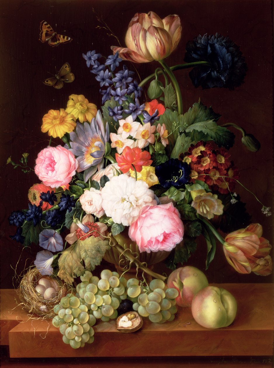 Kwiaty i owoce z ptasim gniazdem na półce, 1821 (panel) autorstwa Franz Xavier Petter