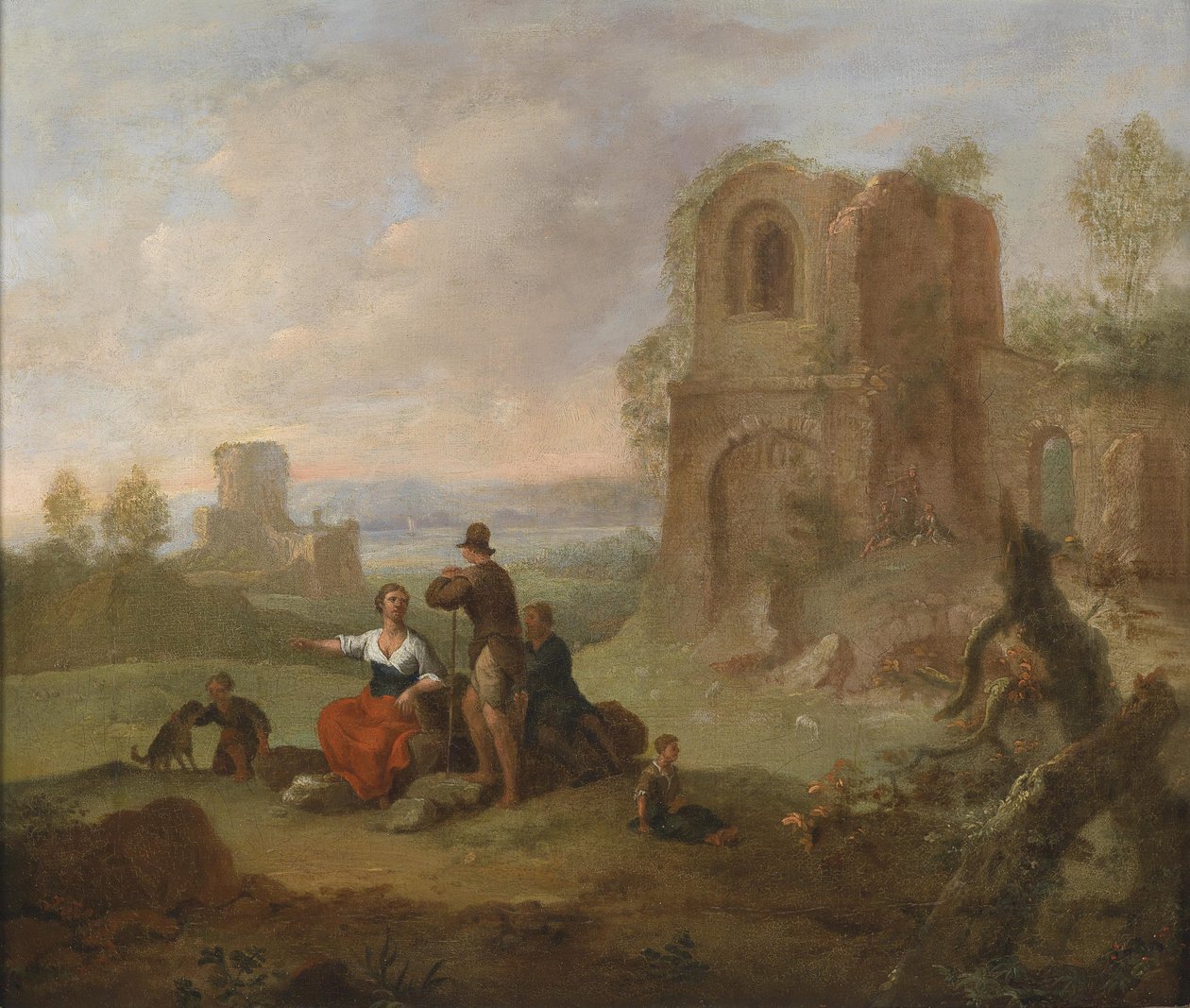 Krajobraz ruin z odpoczywającymi wędrowcami. autorstwa Franz Ferg