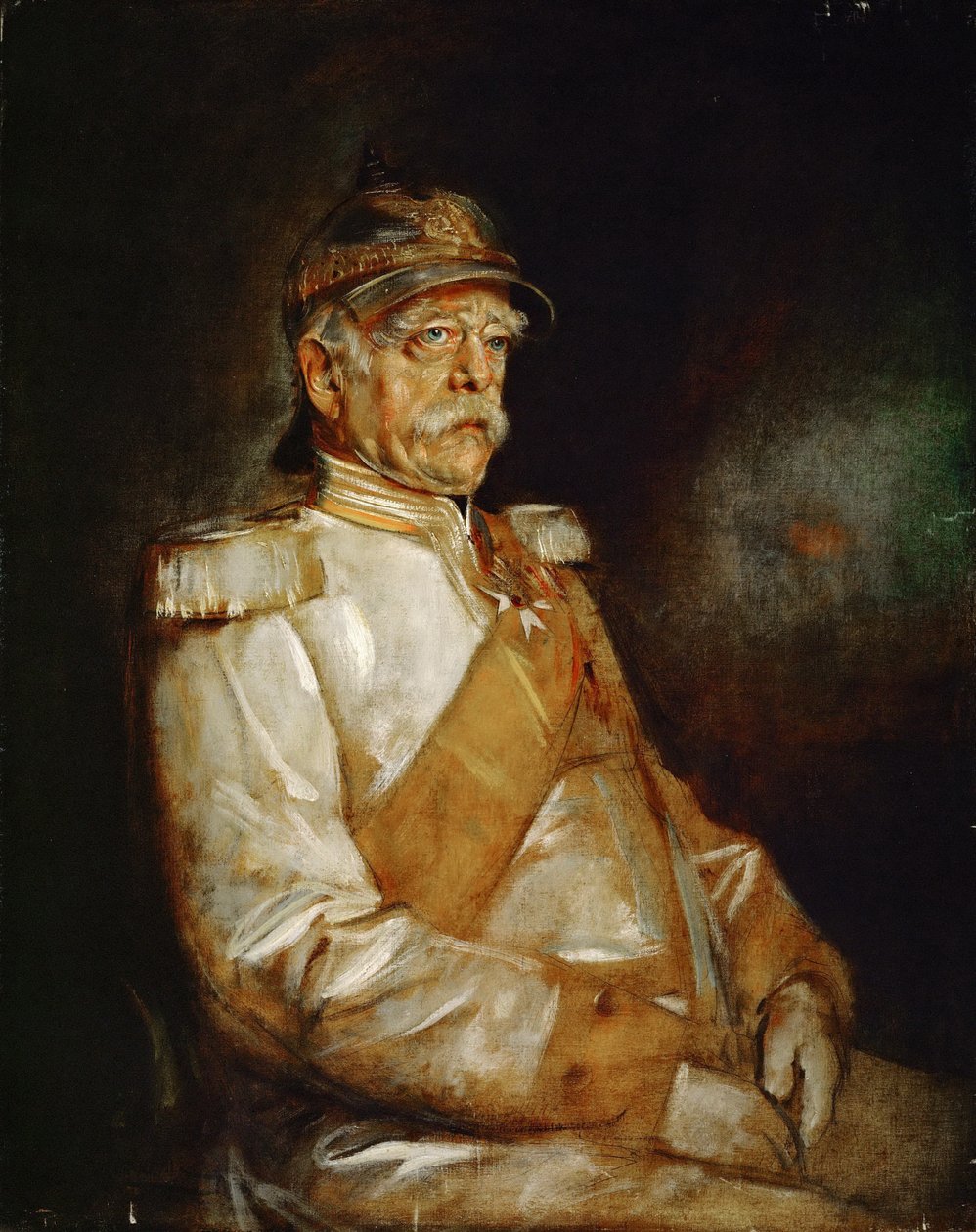 Kanclerz Otto von Bismarck w mundurze z hełmem pruskim autorstwa Franz von Lenbach