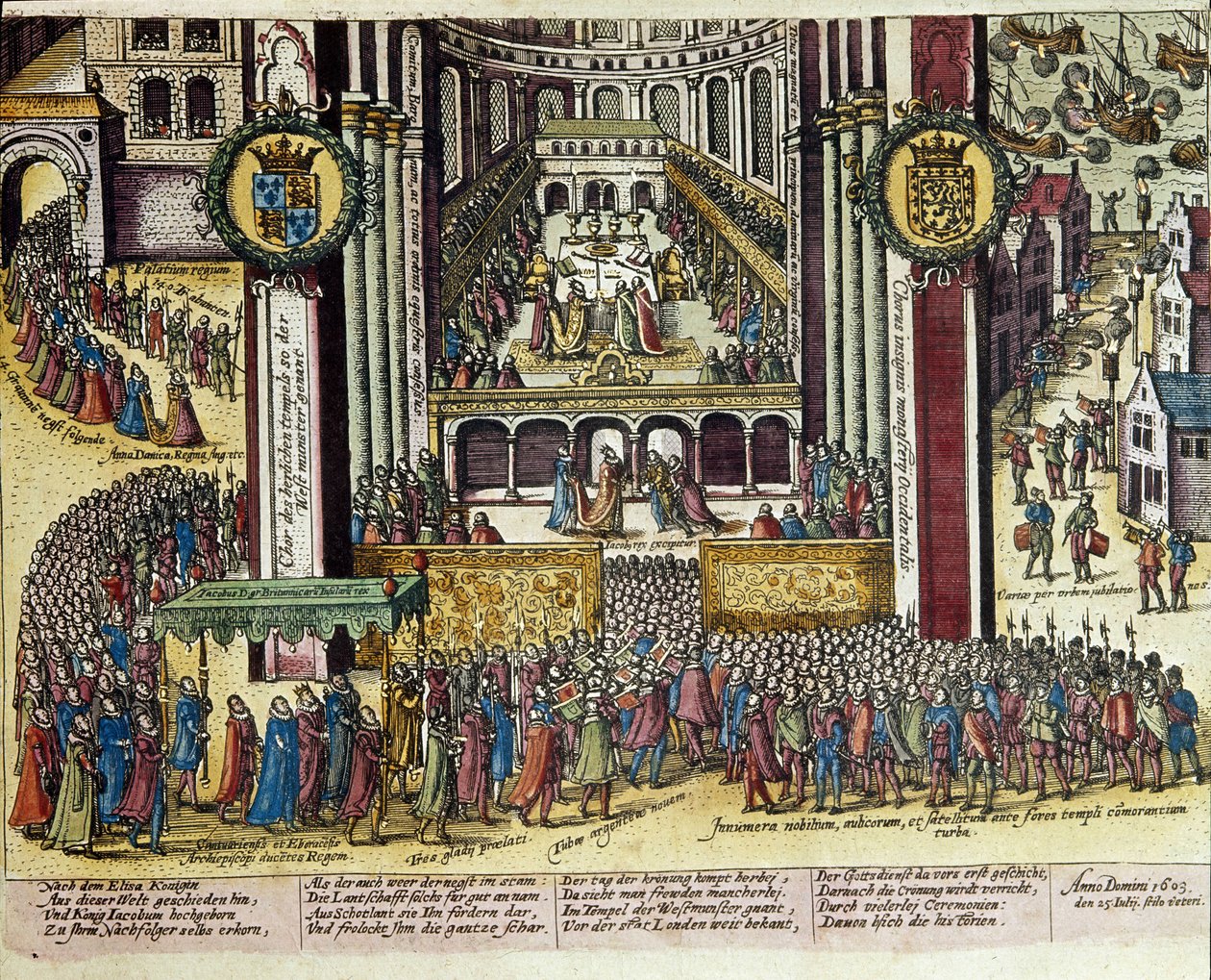 Koronacja króla Anglii Jakuba I (1566-1625) w katedrze westminsterskiej 25.07.1603. 1653 Druk Franza Hogenberga (1535-1590) Gabinet Druków, B.N., Paryż. autorstwa Franz (after) Hogenberg