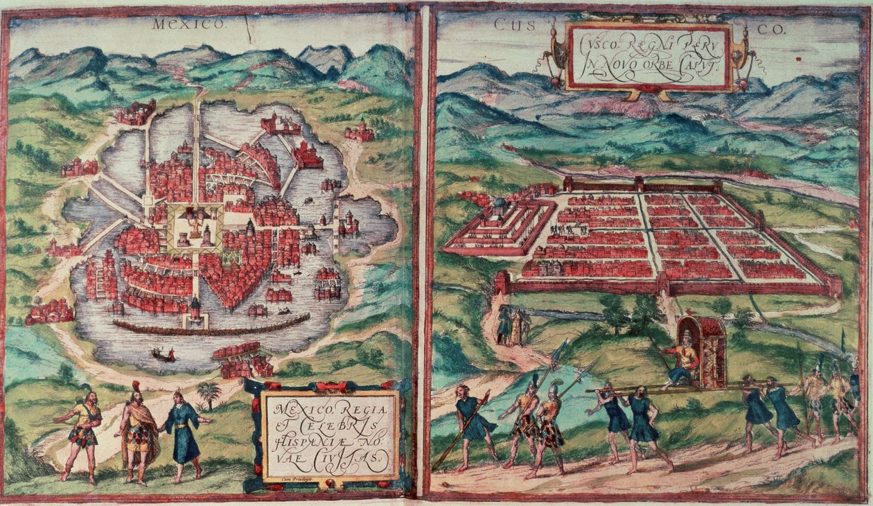 Plany miasta Meksyk, Meksyk i Cusco, Peru, z „Voyage Pittoresque” Carla Nebla (kolorowe grawerowanie) (patrz 141102) autorstwa Franz (after) Hogenberg