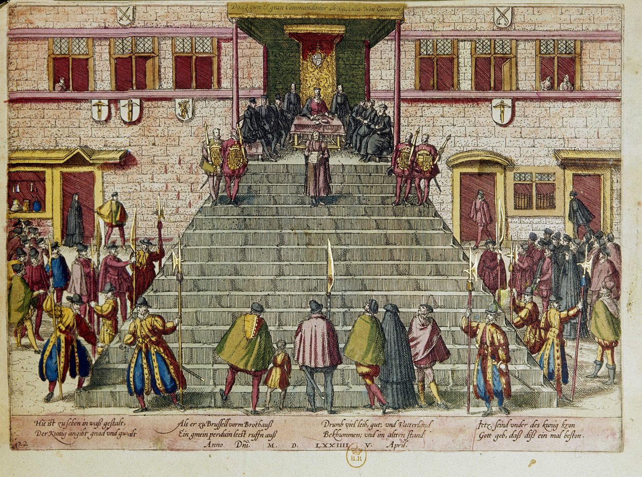 Odczytanie aktu ułaskawienia 05.04.1574 r. w Brukseli: Wilhelm I Orański-Nassau, książę Oranii, nazywany Wilhelmem Milczącym (1533-1584), inicjator rewolty przeciwko Filipowi II Hiszpańskiemu, znanej jako Wojna Czterech Dwudziestoleci, której kulminacją by autorstwa Franz (after) Hogenberg