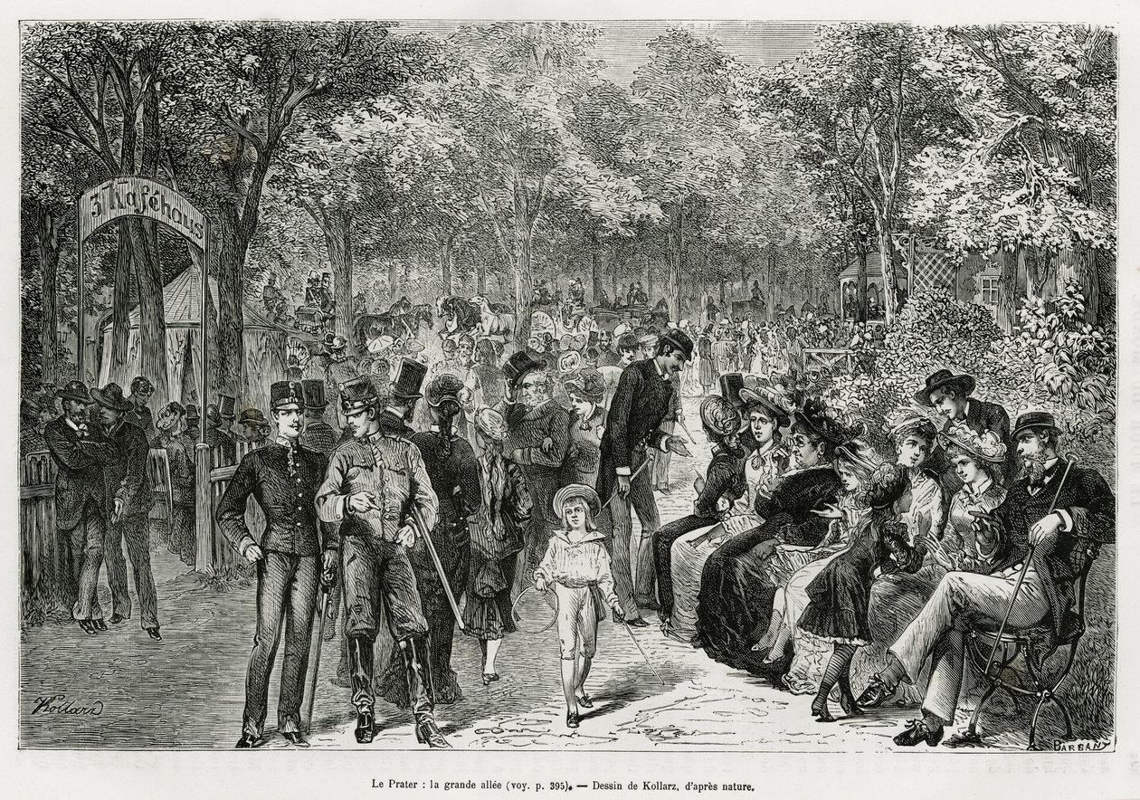 Prater: wspaniały chodnik. Rycina Kollarza, ilustrująca historię Wiednia i jego przedmieść, autorstwa M. Newlińskiego, w 1881 r., opublikowana w Tour du monde, pod kierunkiem Edouarda Chartona (1807-1890) autorstwa Franz (after) Kollarz