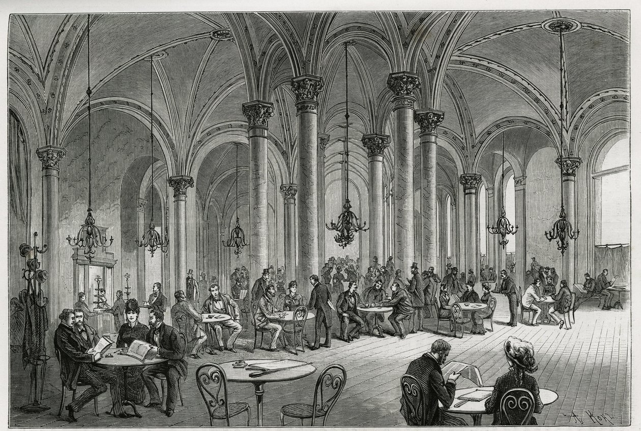 Centralna kawiarnia w Wiedniu (Austria). Rycina Kollarza, ilustrująca historię Wiednia i jego przedmieść, autorstwa M. Newlińskiego, w 1881 r., opublikowana w Tour du monde, pod kierunkiem Edouarda Chartona (1807-1890) autorstwa Franz (after) Kollarz